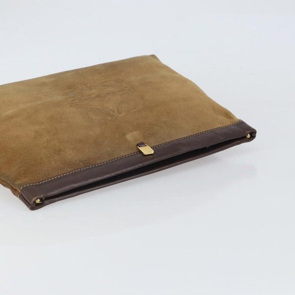 LOEWE Anagram Clutch Bag Suede Beige Gold Auth 169476