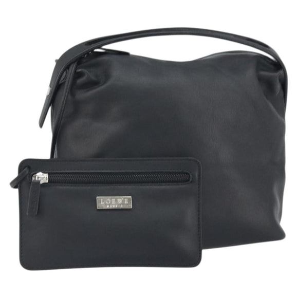 LOEWE Hand Bag Leather Black Silver Auth 169484