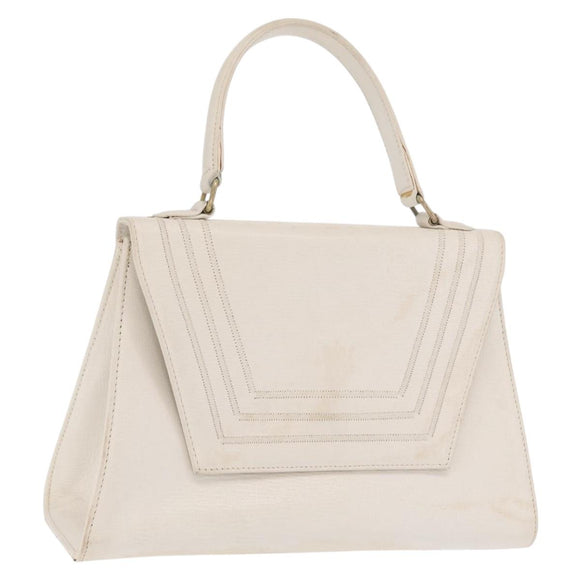 FENDI Hand Bag Leather White Gold Auth 169496