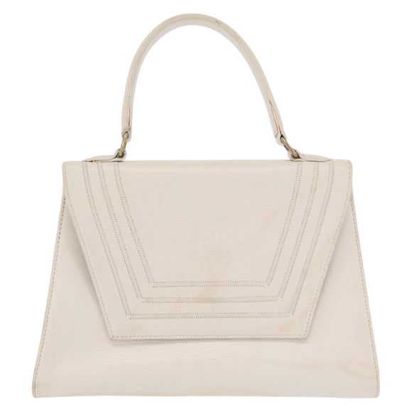 FENDI Hand Bag Leather White Gold Auth 169496
