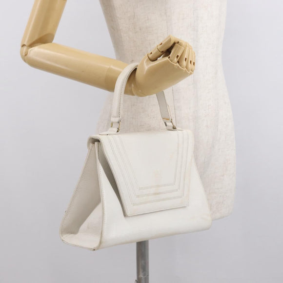 FENDI Hand Bag Leather White Gold Auth 169496