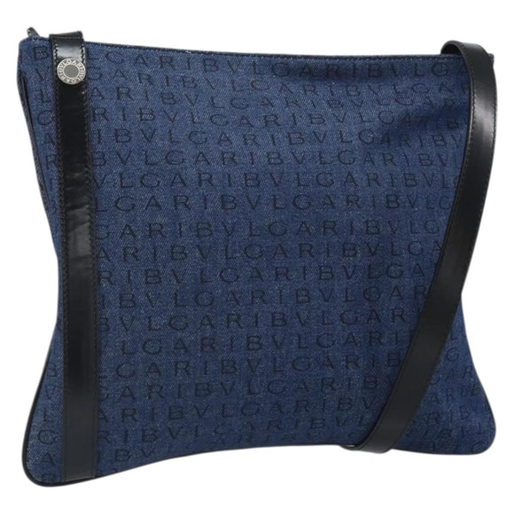 BVLGARI Logo Mania Shoulder Bag Canvas Blue Silver Auth 169505