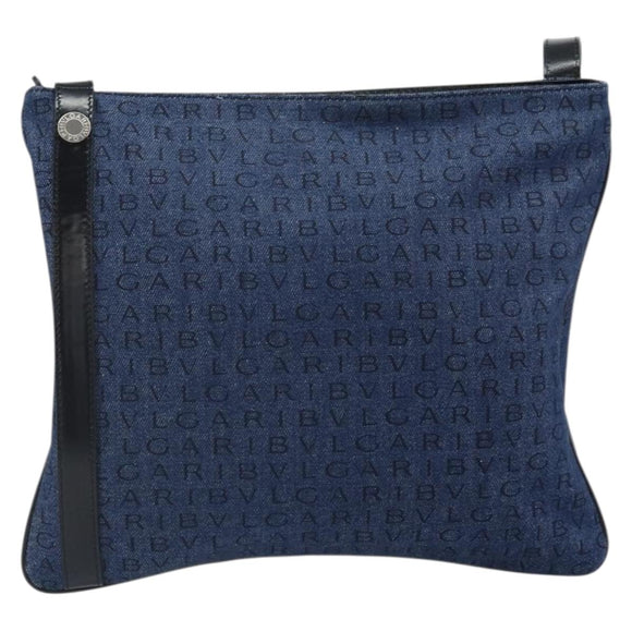 BVLGARI Logo Mania Shoulder Bag Canvas Blue Silver Auth 169505