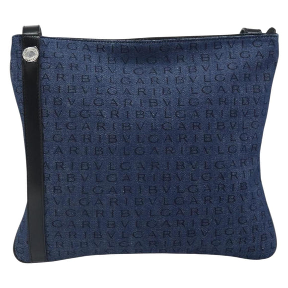 BVLGARI Logo Mania Shoulder Bag Canvas Blue Silver Auth 169505