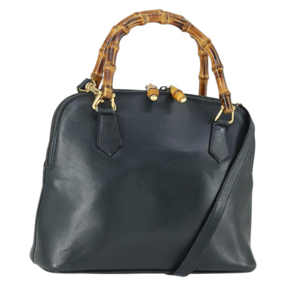 GUCCI Bamboo Hand Bag Leather 2way Black Gold 000 2122 0290 Auth 169514