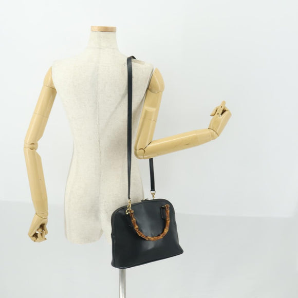 GUCCI Bamboo Hand Bag Leather 2way Black Gold 000 2122 0290 Auth 169514