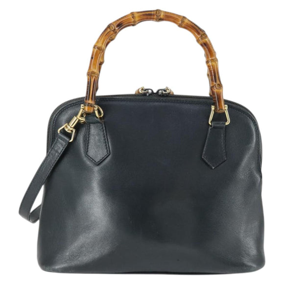 GUCCI Bamboo Hand Bag Leather 2way Black Gold 000 2122 0290 Auth 169514