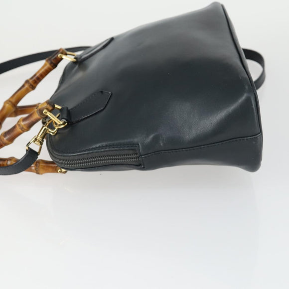 GUCCI Bamboo Hand Bag Leather 2way Black Gold 000 2122 0290 Auth 169514