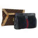 GUCCI Sherry Line Clutch Bag Suede Canvas 2 Set Navy Brown Auth 169518-1