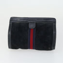 GUCCI Sherry Line Clutch Bag Suede Canvas 2 Set Navy Brown Auth 169518-10