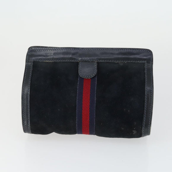 GUCCI Sherry Line Clutch Bag Suede Canvas 2 Set Navy Brown Auth 169518