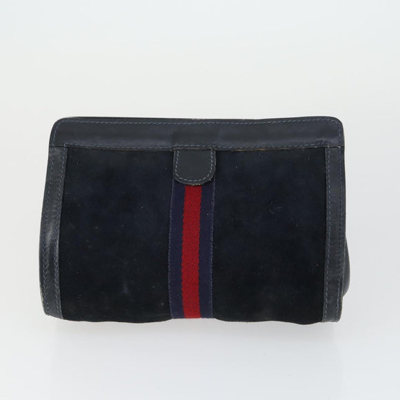 GUCCI Sherry Line Clutch Bag Suede Canvas 2 Set Navy Brown Auth 169518