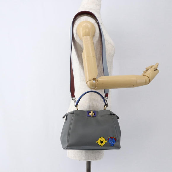 FENDI Peek A Boo Mini Hand Bag Leather 2way Gray Gold Auth 169542