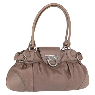Salvatore Ferragamo Gancini Hand Bag Leather Beige Silver Auth 169577