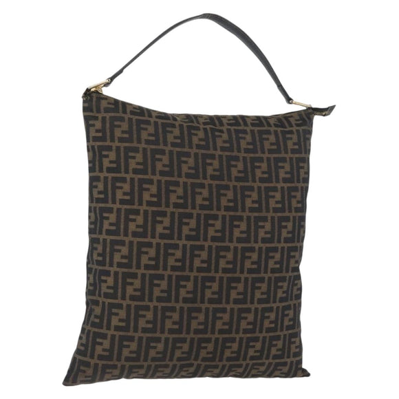 FENDI Zucca Canvas Shoulder Bag Black Brown Auth 169579