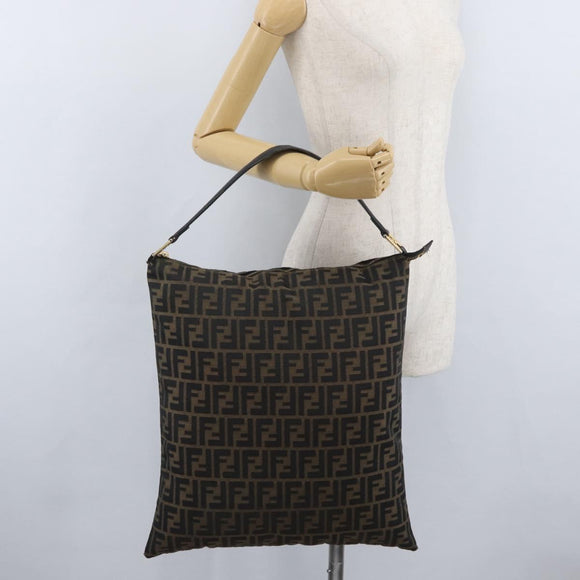 FENDI Zucca Canvas Shoulder Bag Black Brown Auth 169579