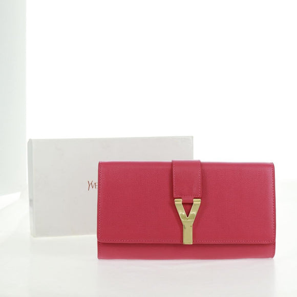 SAINT LAURENT Y line Clutch Bag Leather Pink Gold Auth 169595V
