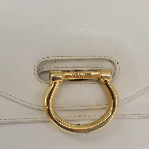 CELINE Hand Bag Leather White Gold Auth 169597