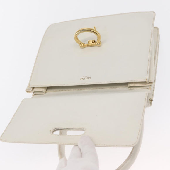 CELINE Hand Bag Leather White Gold Auth 169597