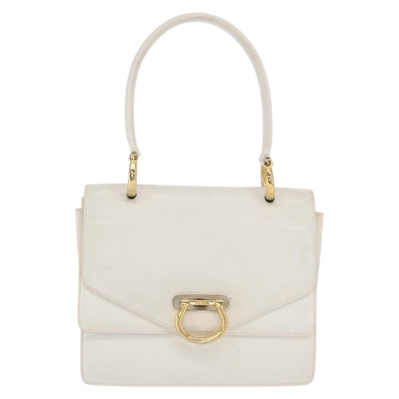 CELINE Hand Bag Leather White Gold Auth 169597