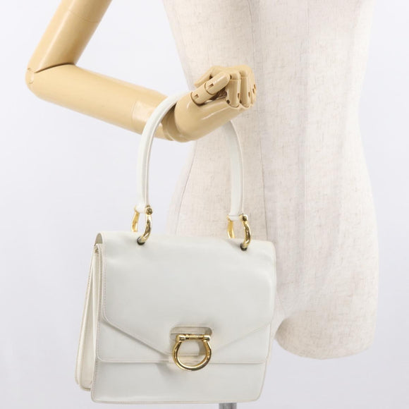 CELINE Hand Bag Leather White Gold Auth 169597