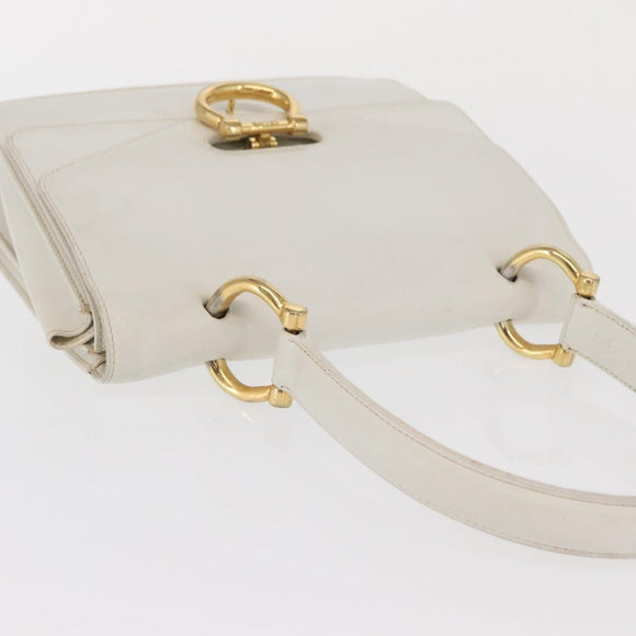 CELINE Hand Bag Leather White Gold Auth 169597