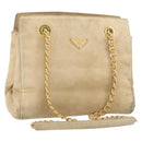 PRADA Chain Shoulder Bag Suede Beige Gold Auth 169631-1