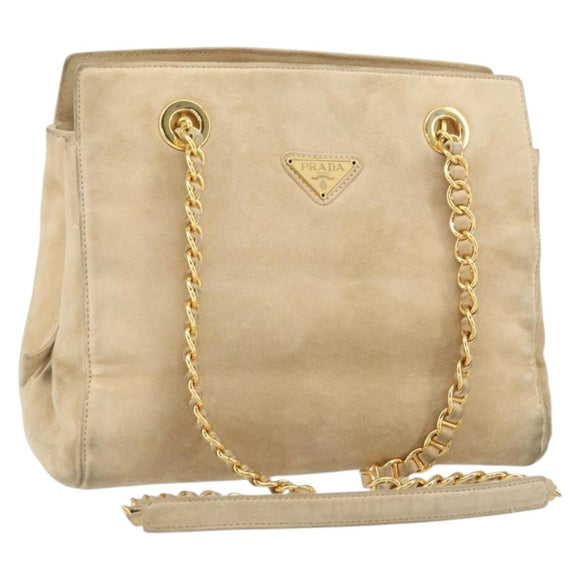 PRADA Chain Shoulder Bag Suede Beige Gold Auth 169631
