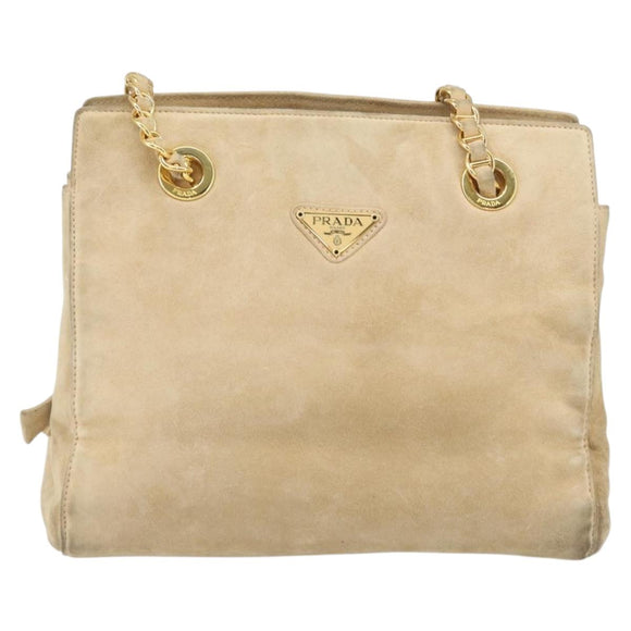 PRADA Chain Shoulder Bag Suede Beige Gold Auth 169631