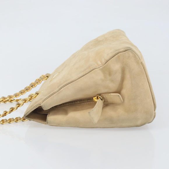 PRADA Chain Shoulder Bag Suede Beige Gold Auth 169631