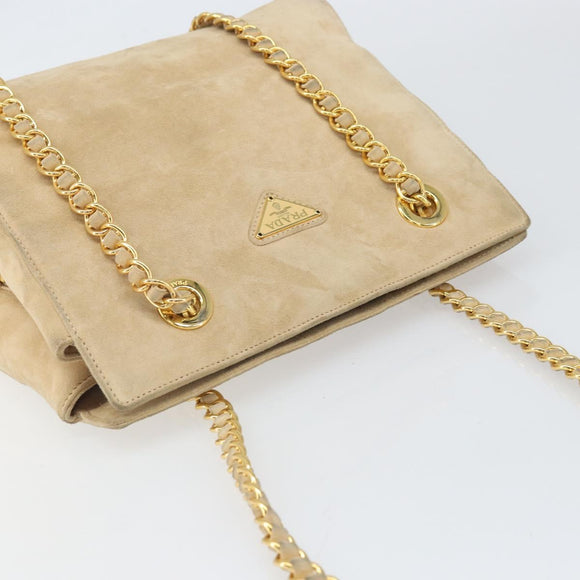 PRADA Chain Shoulder Bag Suede Beige Gold Auth 169631