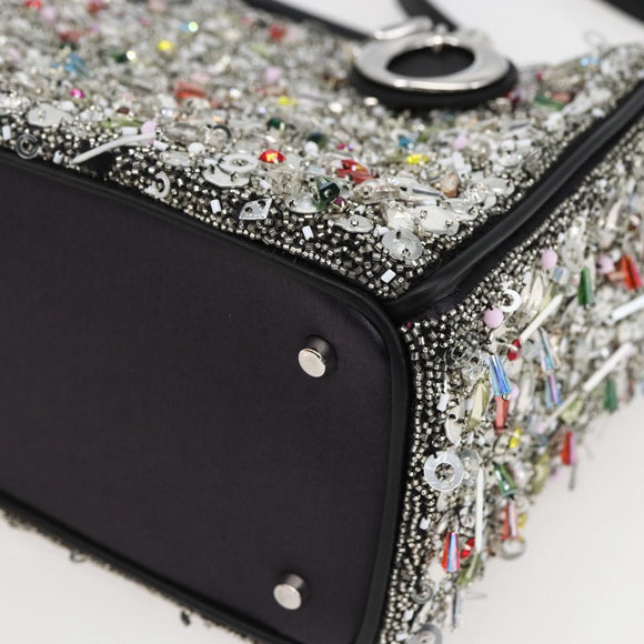 Christian Dior Sequin Lady Dior Hand Bag Leather 2way Black Silver Auth 169660SM