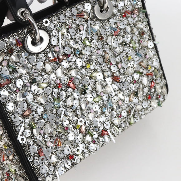 Christian Dior Sequin Lady Dior Hand Bag Leather 2way Black Silver Auth 169660SM
