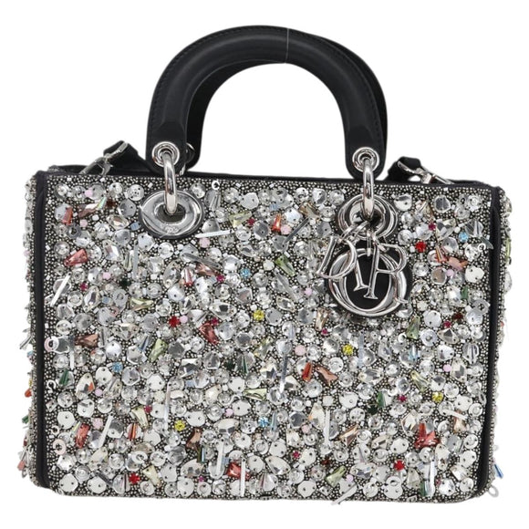 Christian Dior Sequin Lady Dior Hand Bag Leather 2way Black Silver Auth 169660SM
