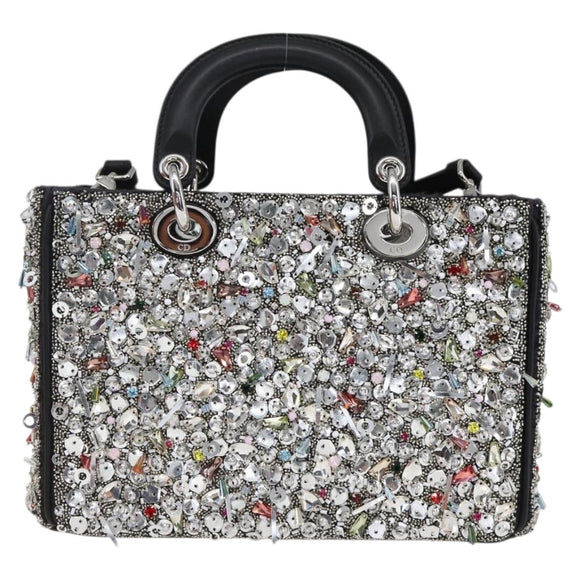 Christian Dior Sequin Lady Dior Hand Bag Leather 2way Black Silver Auth 169660SM