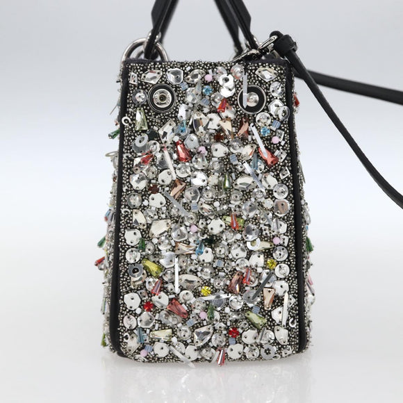 Christian Dior Sequin Lady Dior Hand Bag Leather 2way Black Silver Auth 169660SM