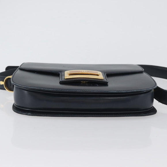 GUCCI Shoulder Bag Leather Navy Gold Auth 169677