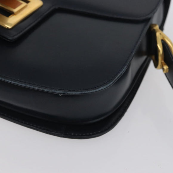 GUCCI Shoulder Bag Leather Navy Gold Auth 169677