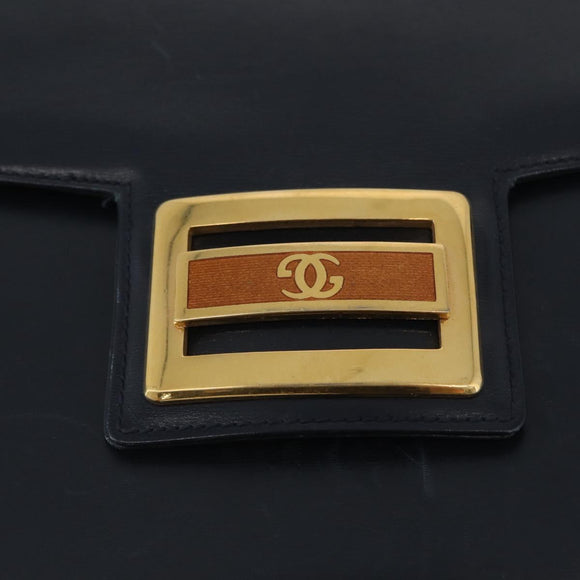 GUCCI Shoulder Bag Leather Navy Gold Auth 169677