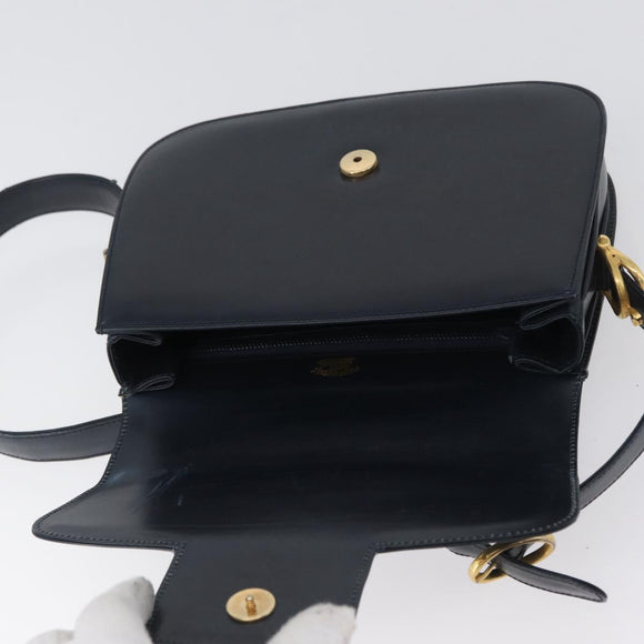 GUCCI Shoulder Bag Leather Navy Gold Auth 169677