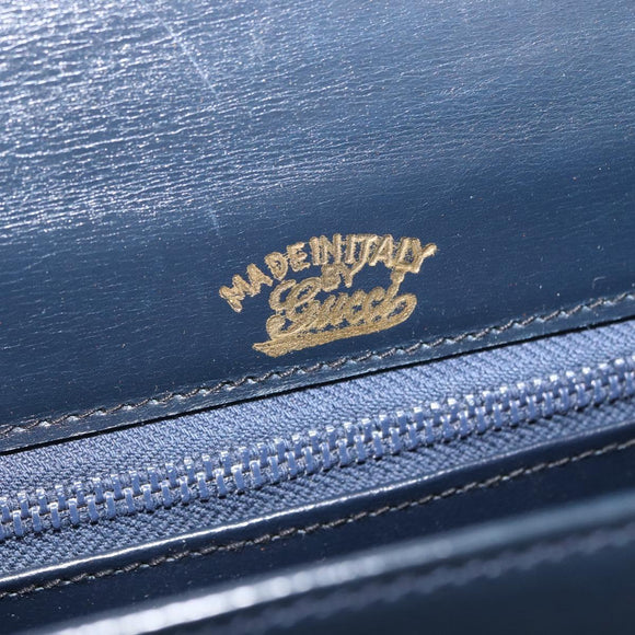 GUCCI Shoulder Bag Leather Navy Gold Auth 169677