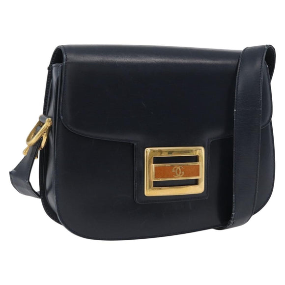 GUCCI Shoulder Bag Leather Navy Gold Auth 169677