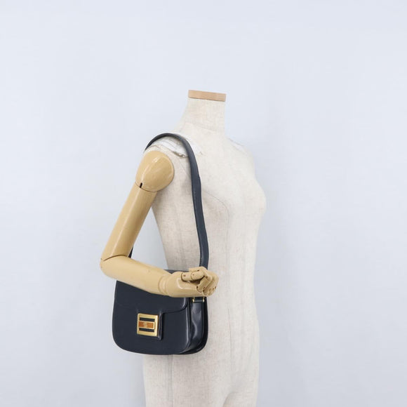 GUCCI Shoulder Bag Leather Navy Gold Auth 169677