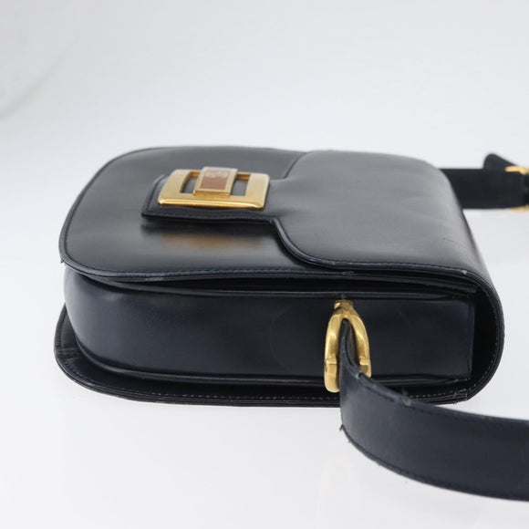 GUCCI Shoulder Bag Leather Navy Gold Auth 169677
