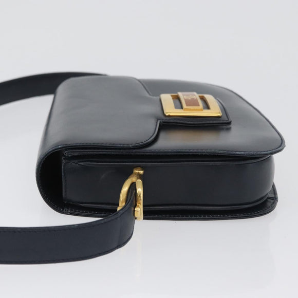 GUCCI Shoulder Bag Leather Navy Gold Auth 169677