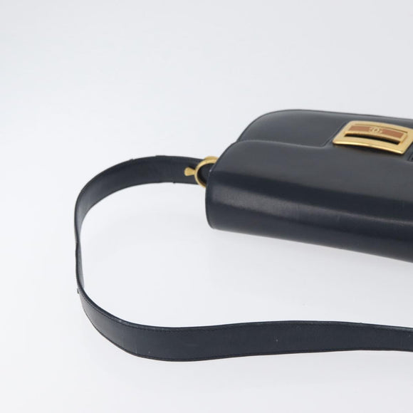 GUCCI Shoulder Bag Leather Navy Gold Auth 169677