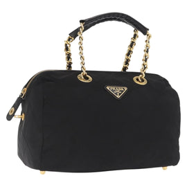 PRADA Chain Hand Bag Nylon Black Gold Auth 169679