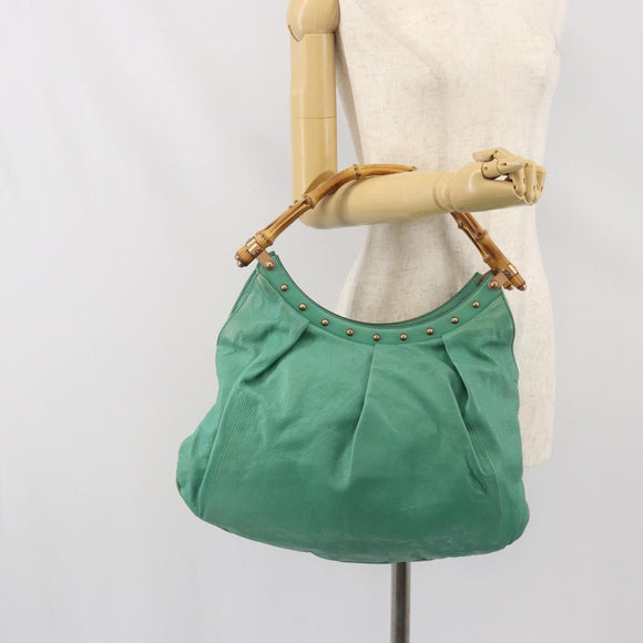 GUCCI Bamboo Shoulder Bag Leather Green Gold 124293 Auth 169684