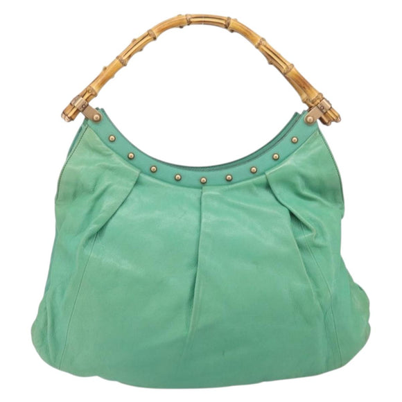 GUCCI Bamboo Shoulder Bag Leather Green Gold 124293 Auth 169684