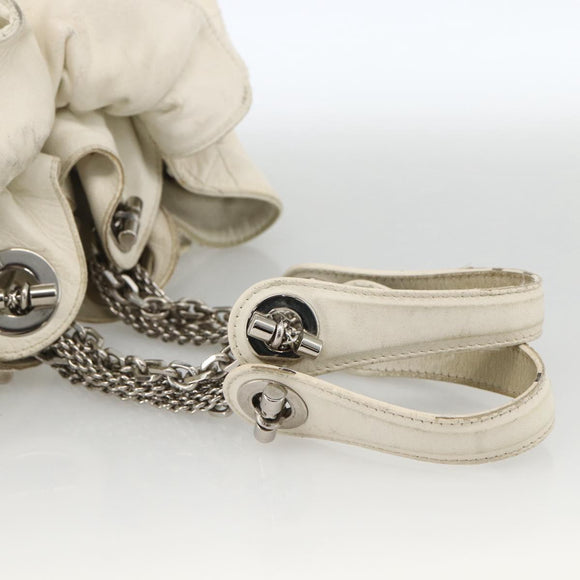 Christian Dior Cannage Chain Schoudertas Lamsleer Wit Zilver Auth 169703